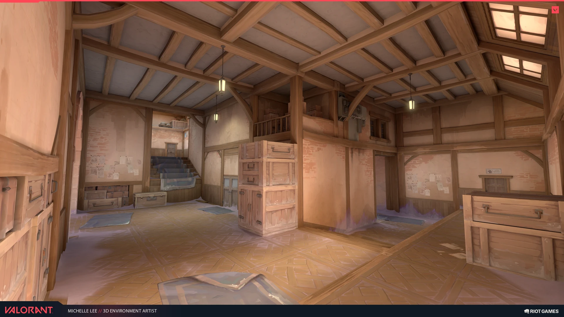 Timber interior with beams, cabinets, crates and brick walls.