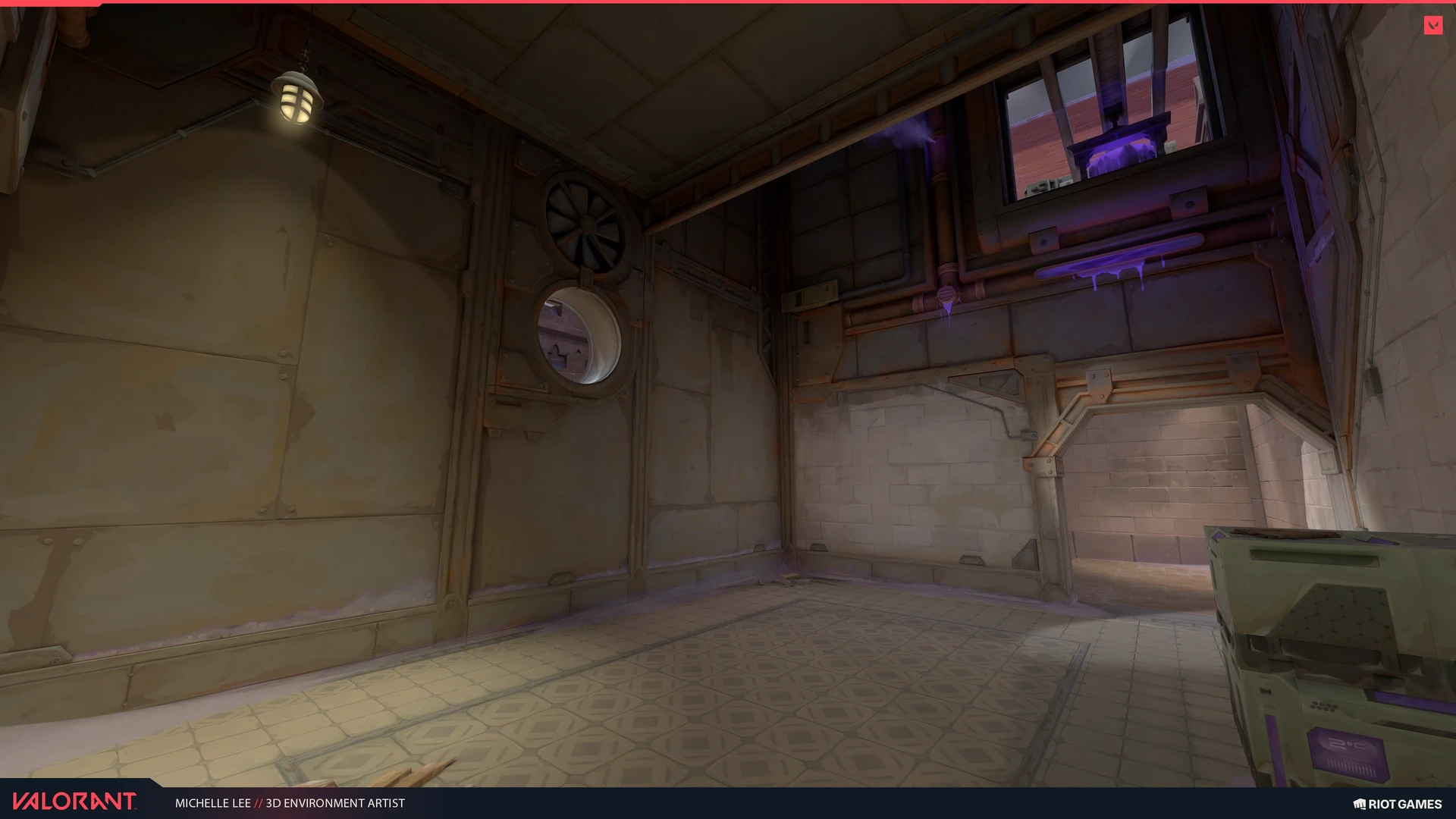 Dark interior corner with industrial structures and stacked crates.