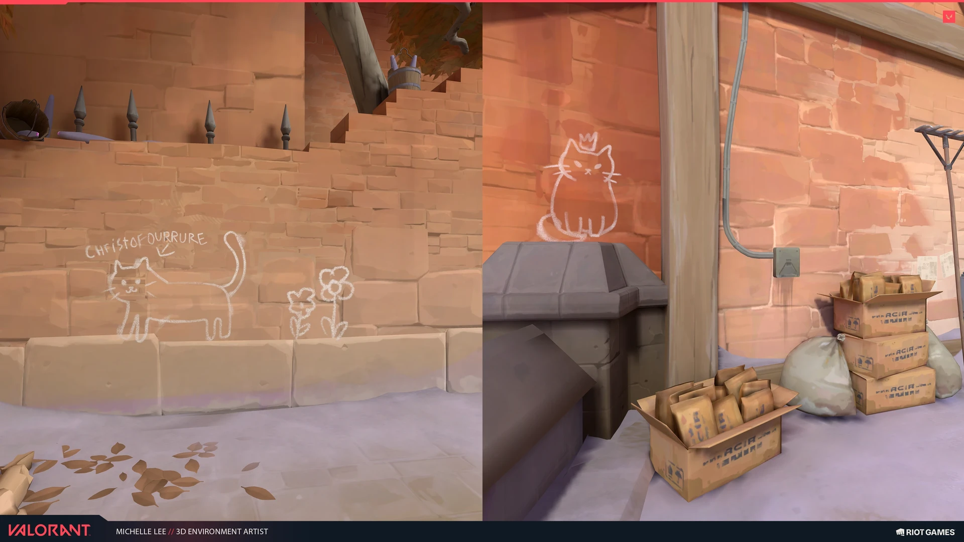 Two cat drawings beside cardboard boxes and paper packets.