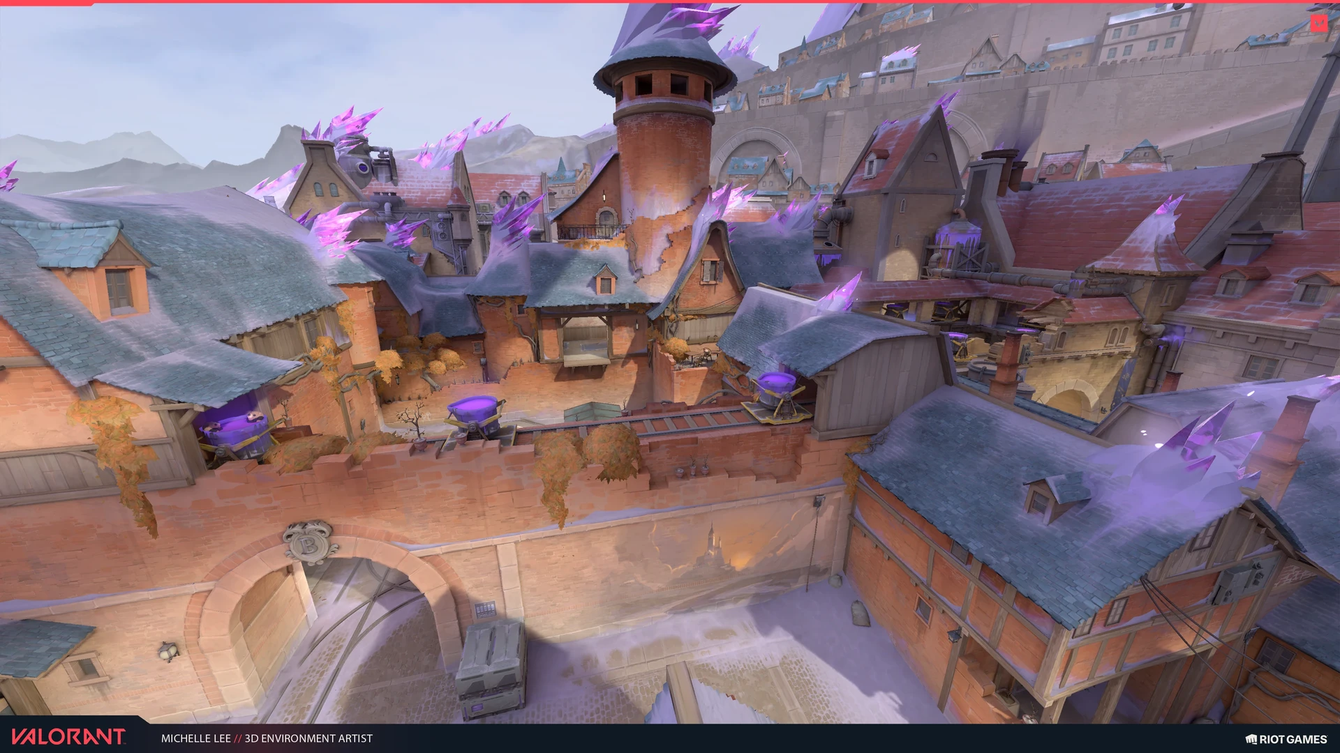 Overhead view of orange buildings, slate roofs and violet crystals.