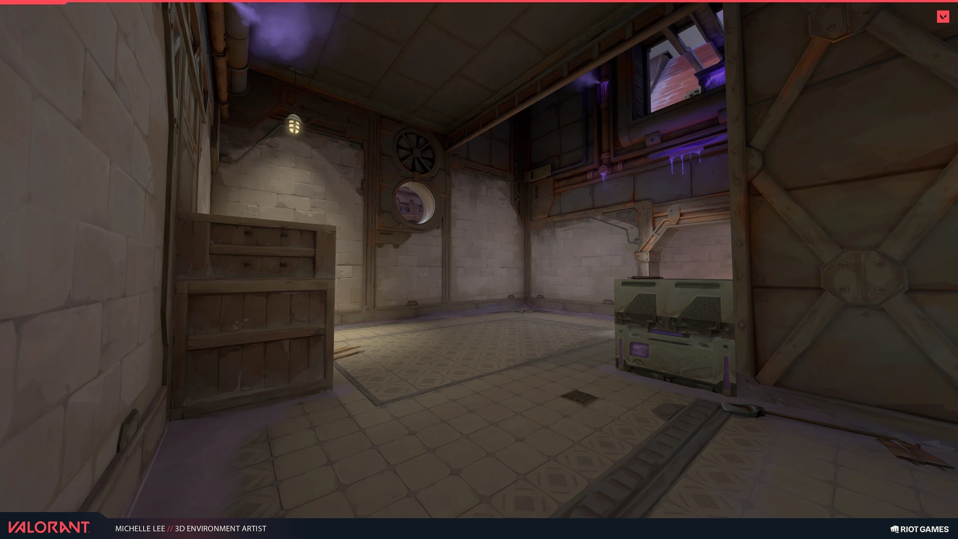 Interior corner with stacked boxes, pipes and overhead violet light.