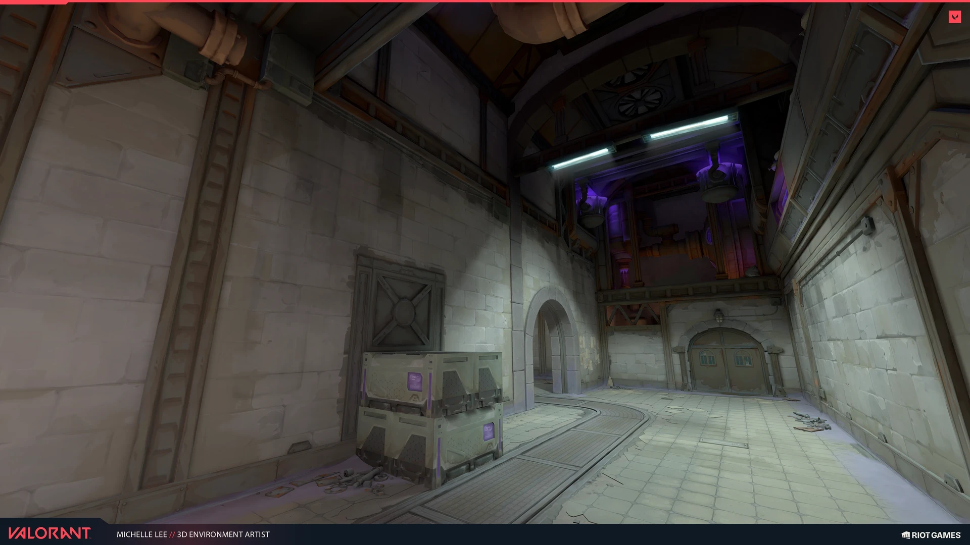 Cool-lit corridor with an arched doorway and stacked green crates.