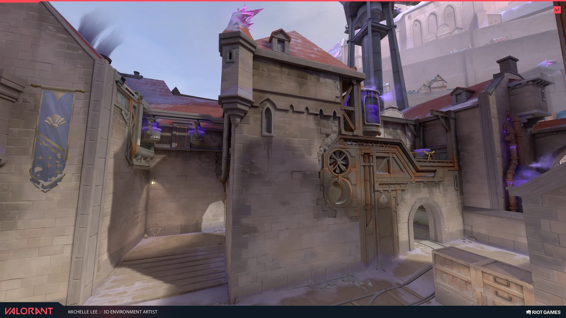 Stone tower exterior with an industrial fan, stairs and violet pipes.