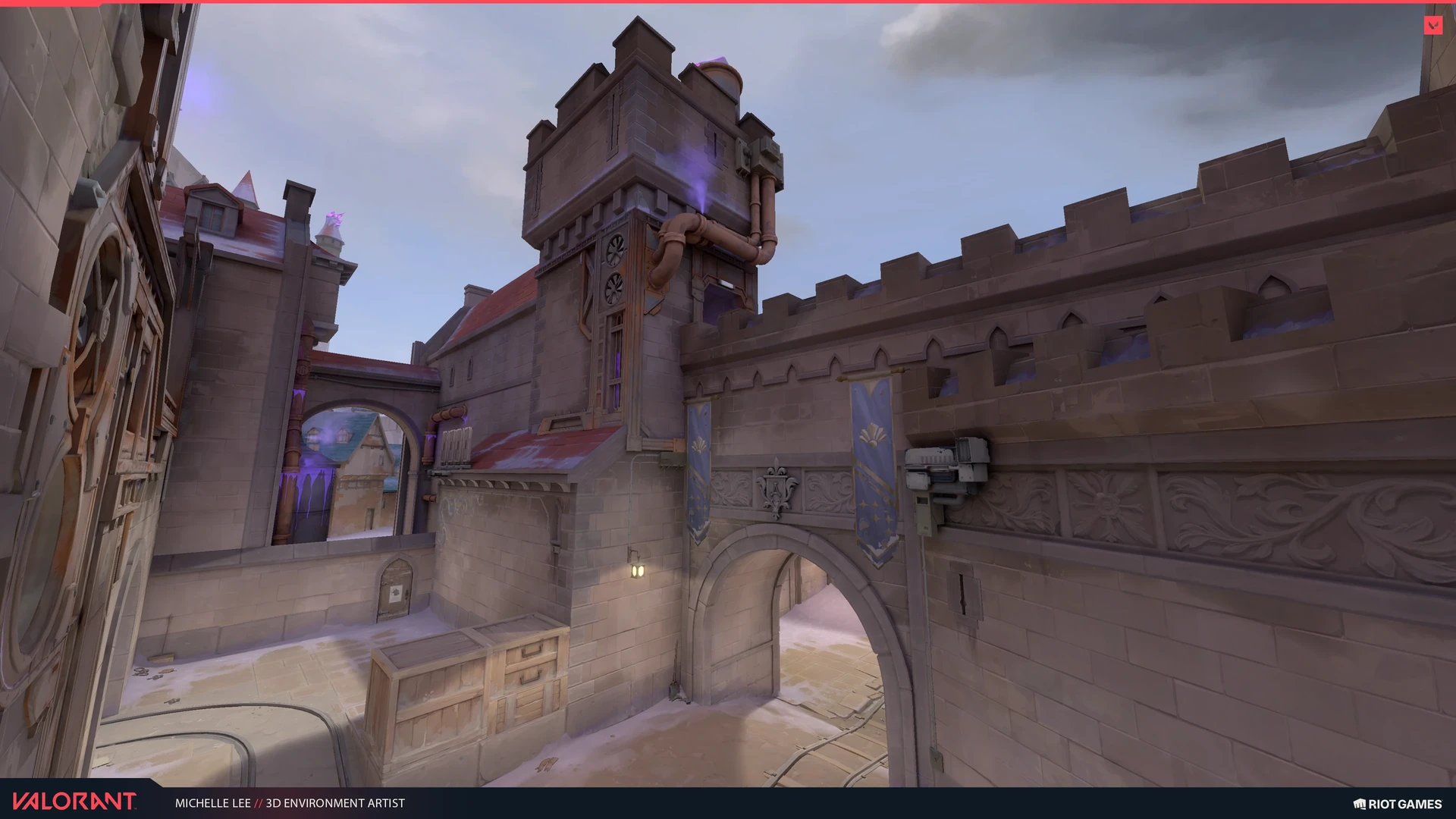 Fortified archway and tower overlooking a narrow street.