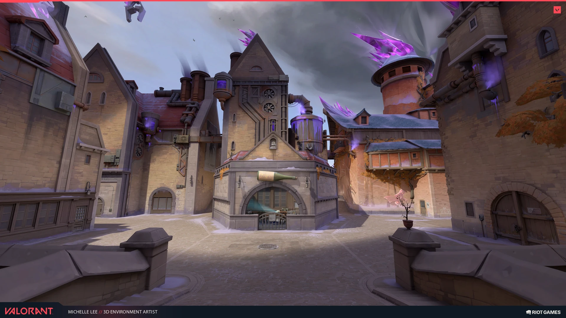Gabled courtyard facade beside a tall turret and violet growth.