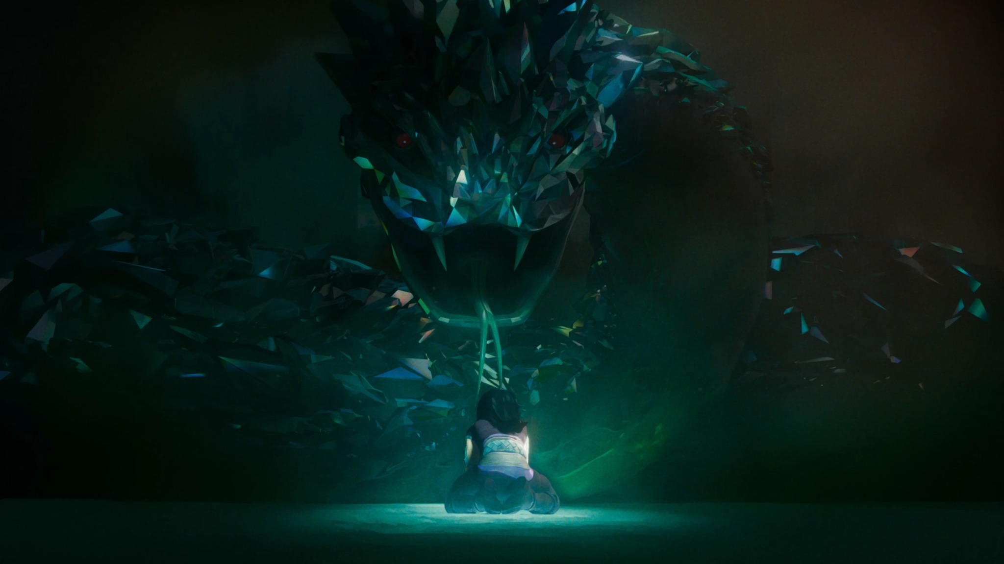 A crystalline creature looms above Sage in a dark, jade-lit chamber.