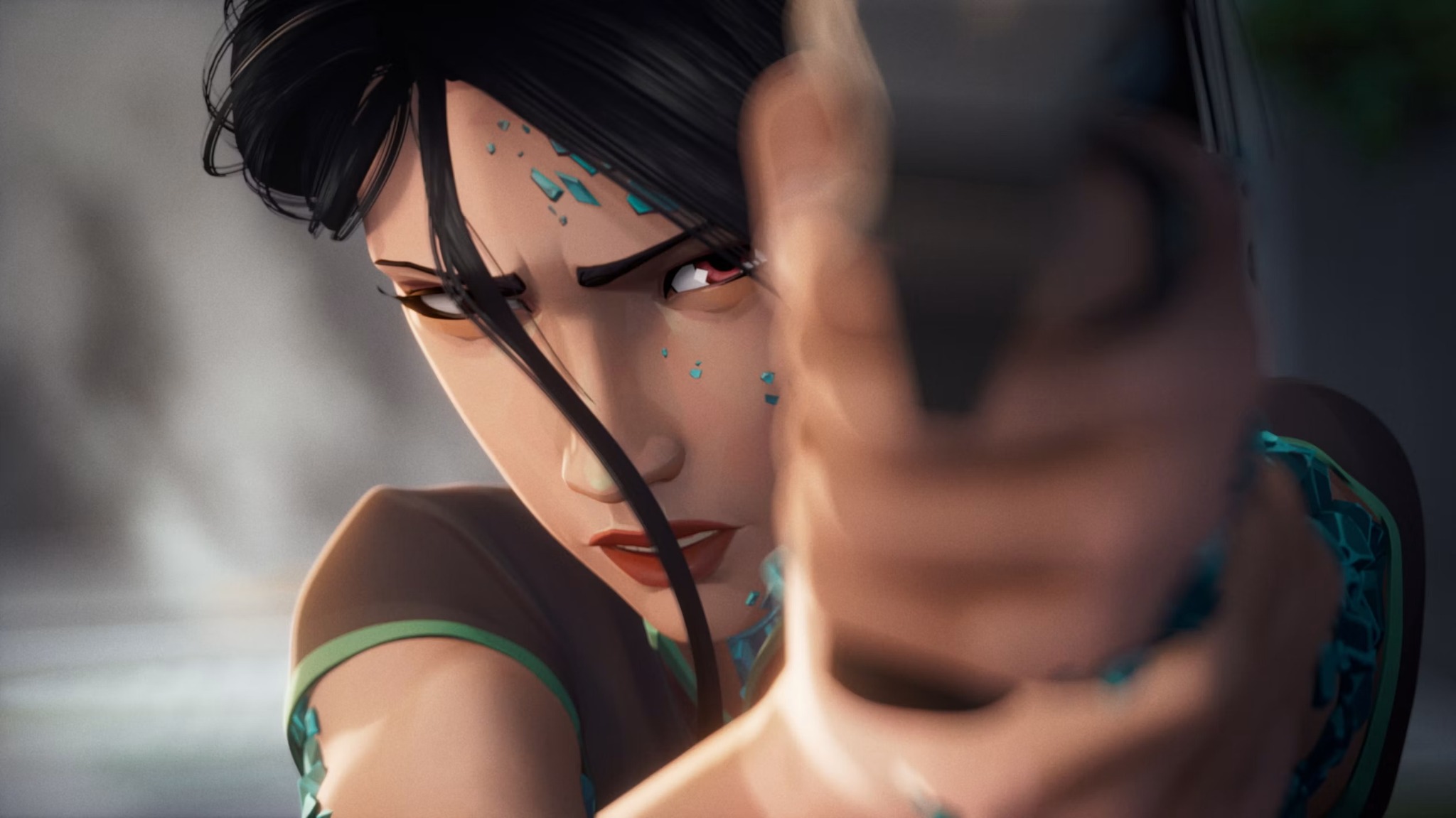Sage reaches forward, with jade fragments visible across her face and arm.
