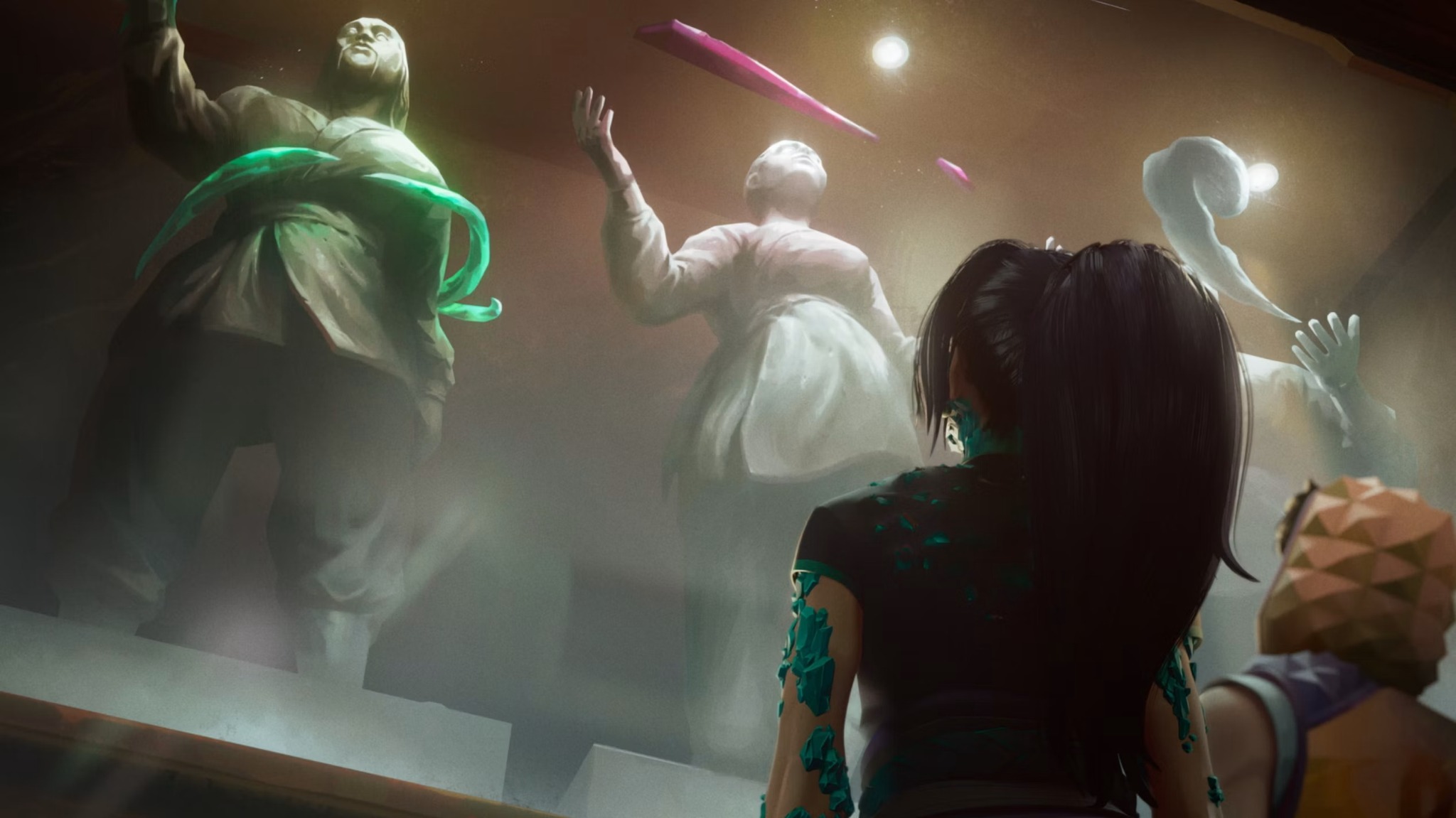 Sage faces a group of figures surrounded by coloured energy.