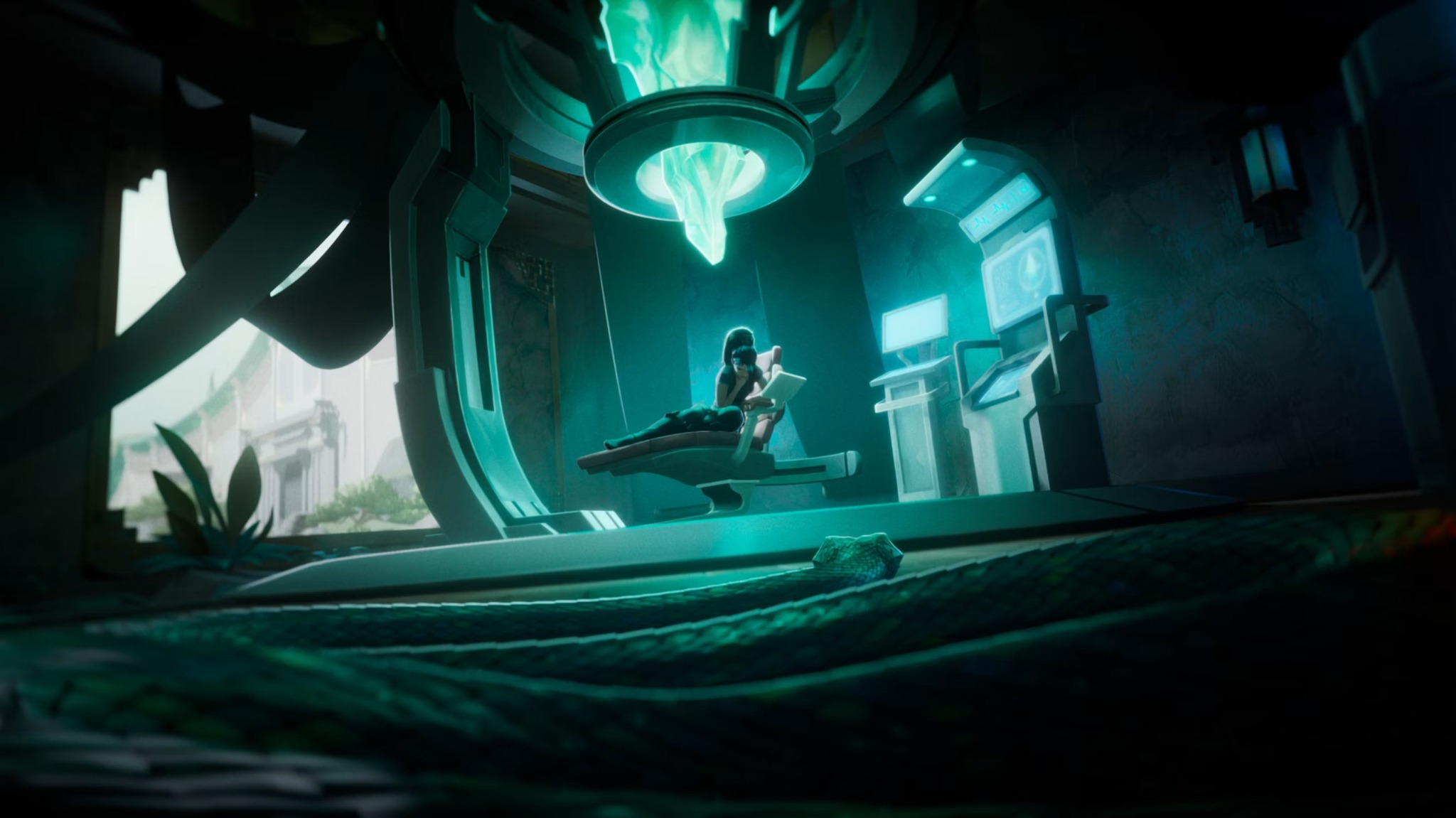 Sage sits beneath a glowing crystal inside the training facility.