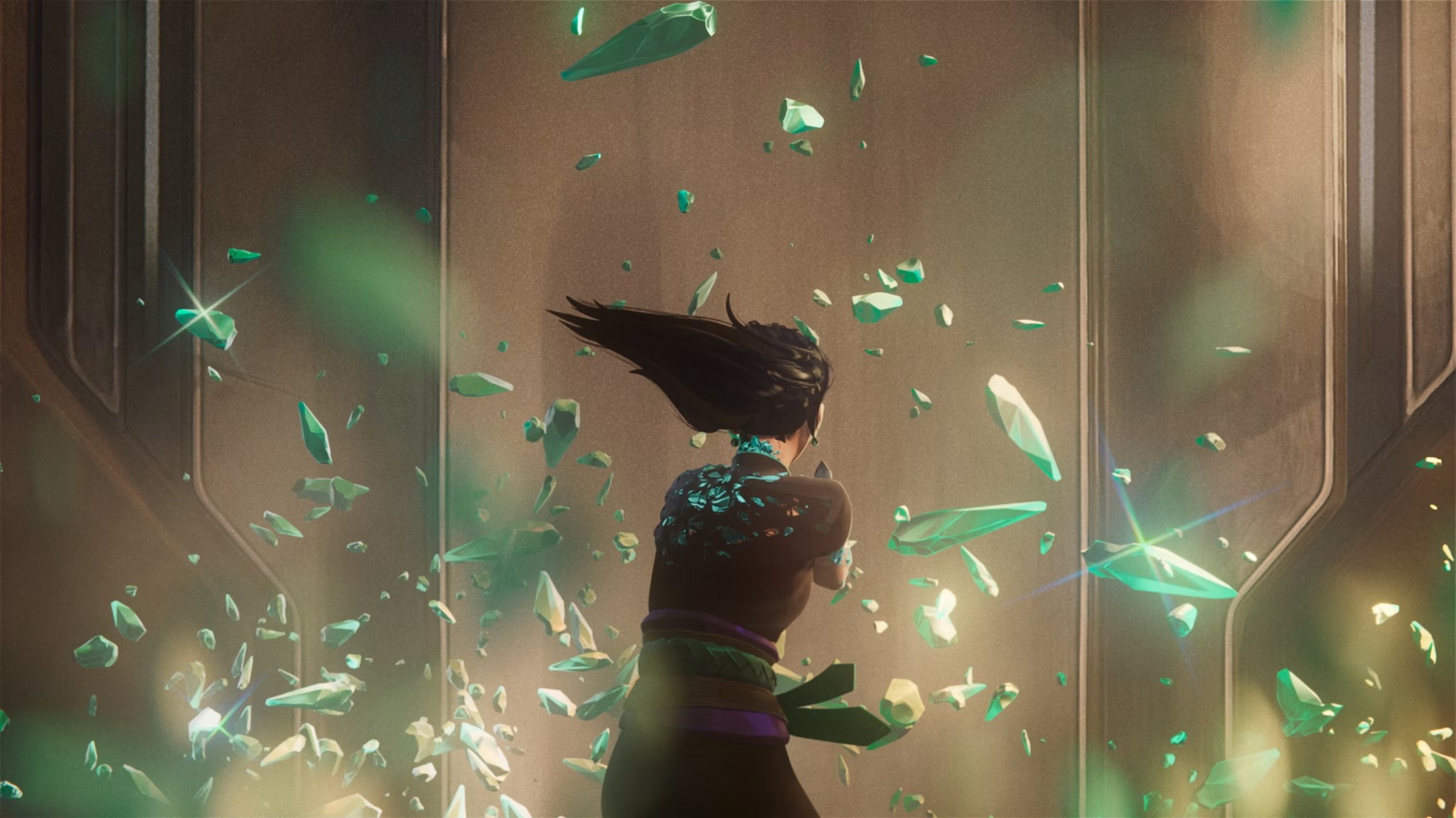 Sage stands among floating crystal fragments in a warm-lit interior.