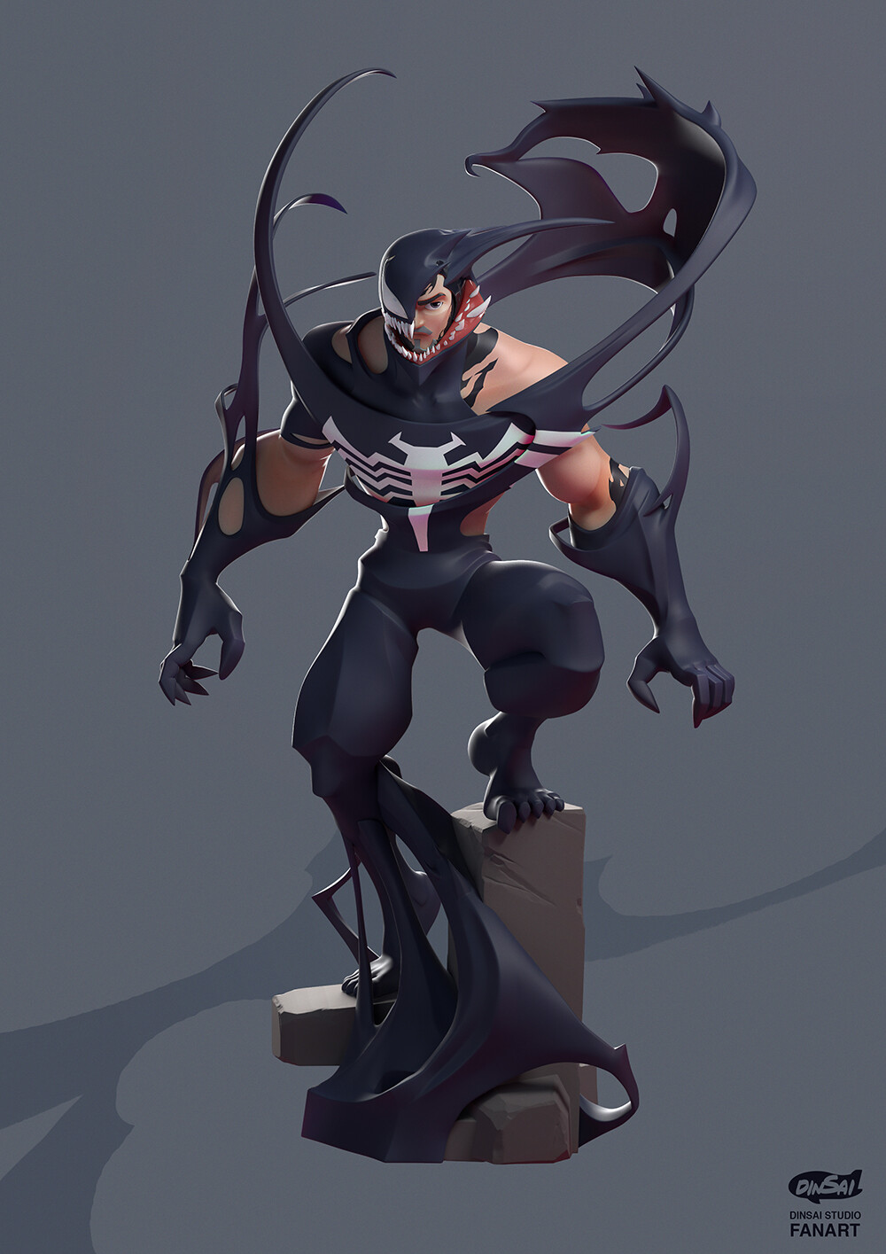 A full-body Venom fan-art render with a partly exposed human face, white chest emblem, sweeping dark tendrils and a stone base, including Dinsai Studio's original mark.