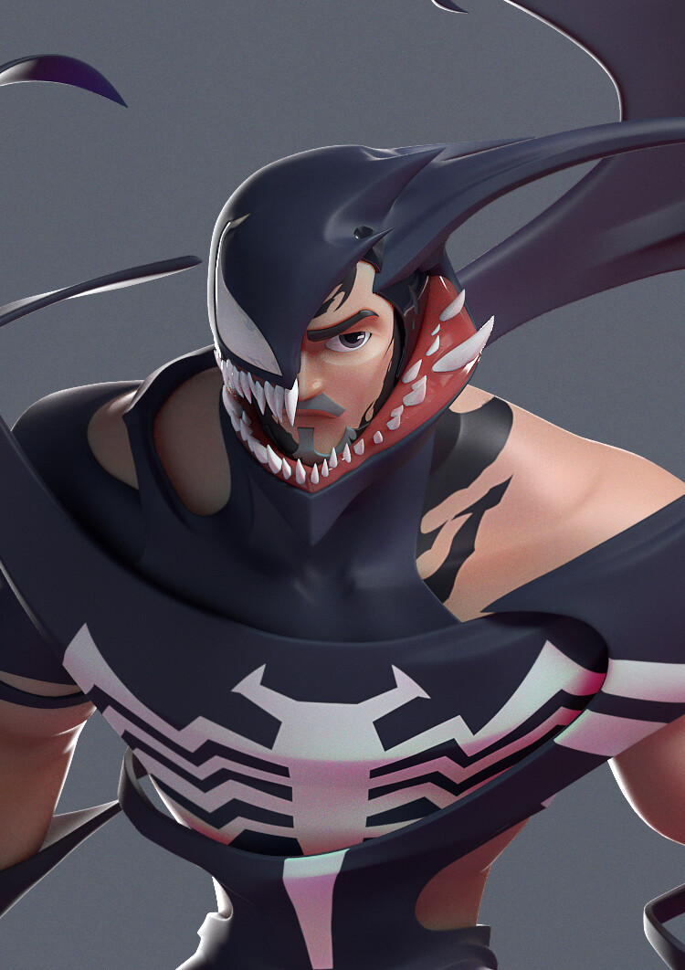 The original close-up render of Venom's partly human face, teeth, shoulder and white chest emblem.