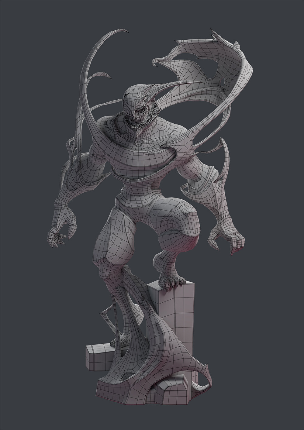 The complete Venom fan-art model with visible polygon edges across the figure, tendrils and base.