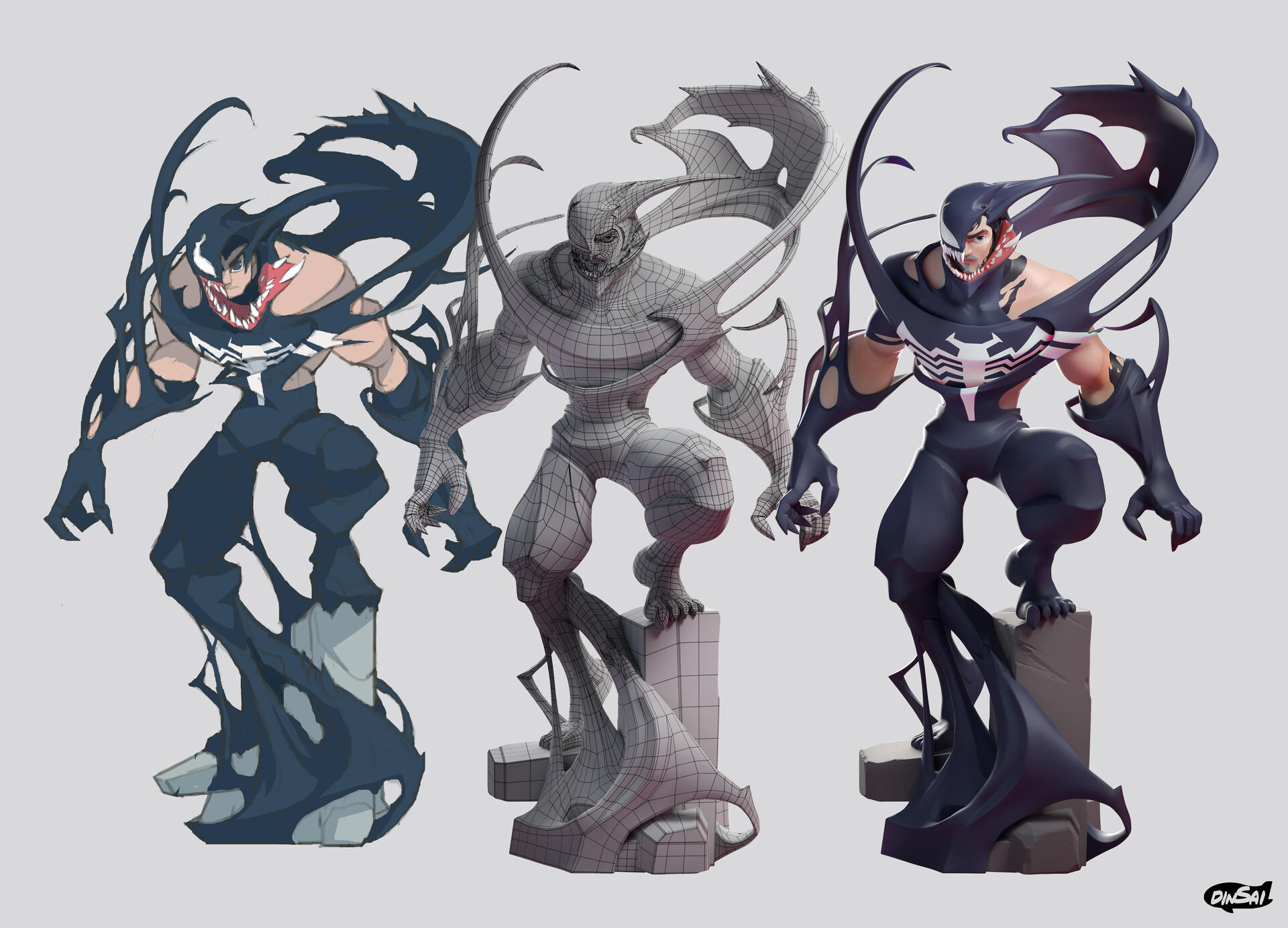 Dinsai Studio's complete sheet placing the painted Venom concept, wireframe model and final render side by side, with its original studio signature.