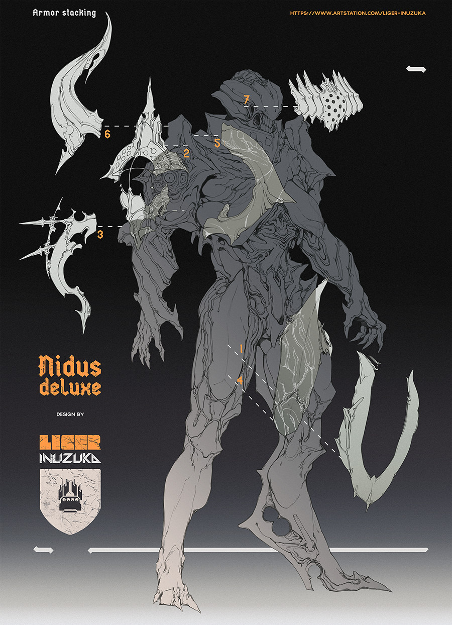An exploded Nidus Deluxe armor breakdown with numbered components around the figure and the artist's original annotations.