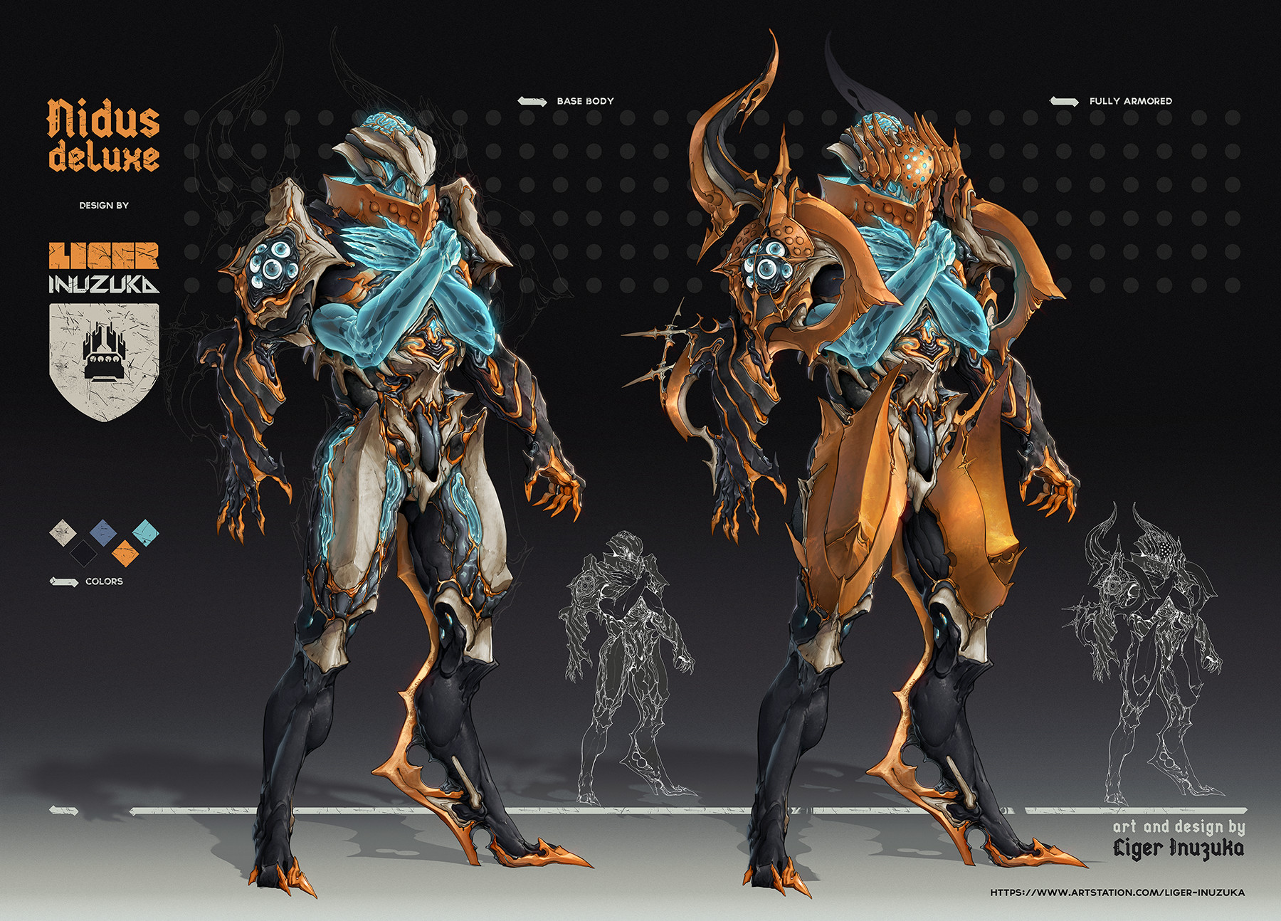 Two full-body Nidus Deluxe concepts showing orange organic muscle, pale armor plates and turquoise accents, with the original background and artist marks.