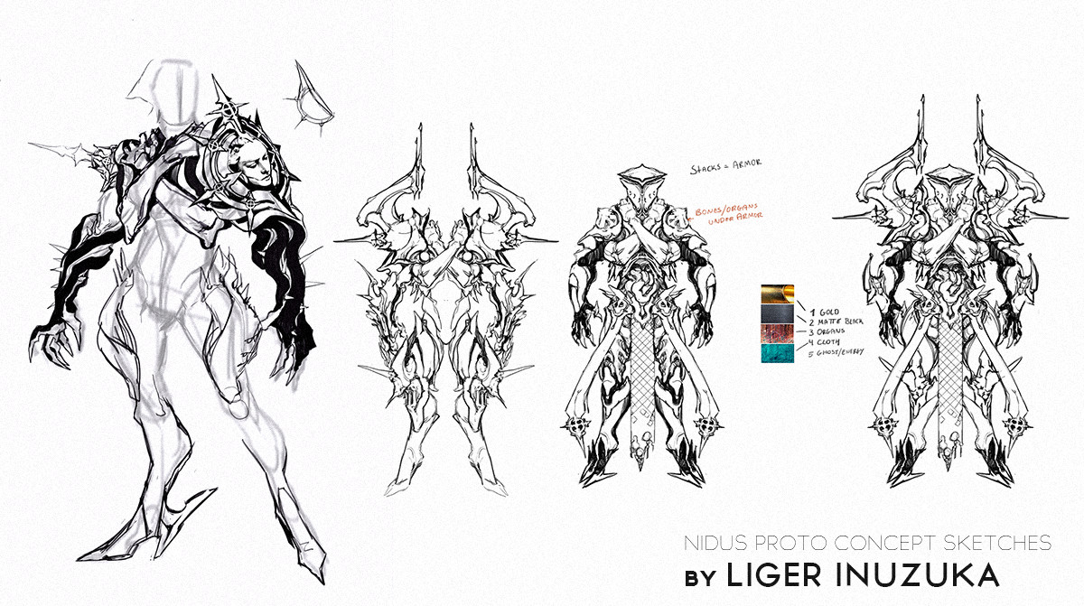 Four Nidus Deluxe prototype sketches on the original white sheet, with handwritten notes, color swatches and the artist's signature.
