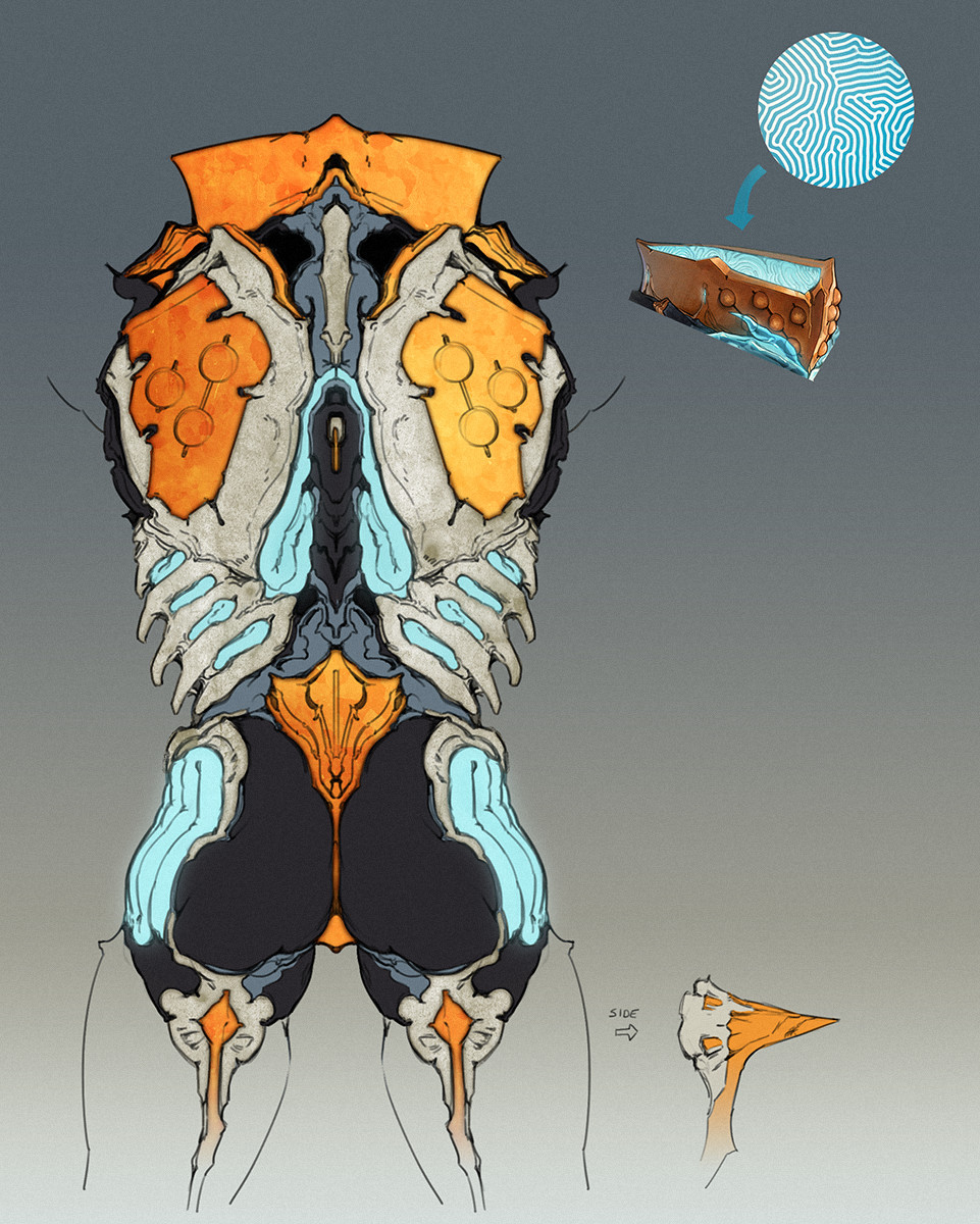 Nidus Deluxe rear and detail concepts showing the circular turquoise back pattern, collar and side details, with original notes and artist marks.